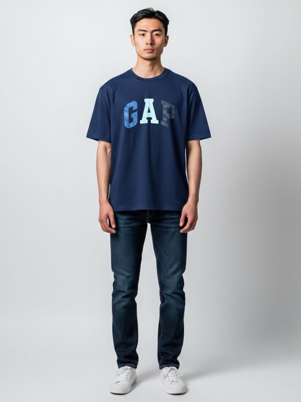 GAP Men’s Navy Crewneck Logo Tee with Light Blue Accents